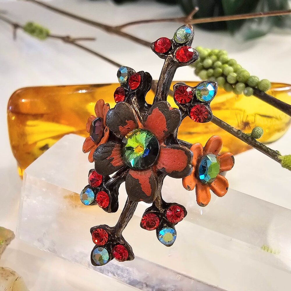 Vintage Michal Negrin Swarovski Orange Floral RIng